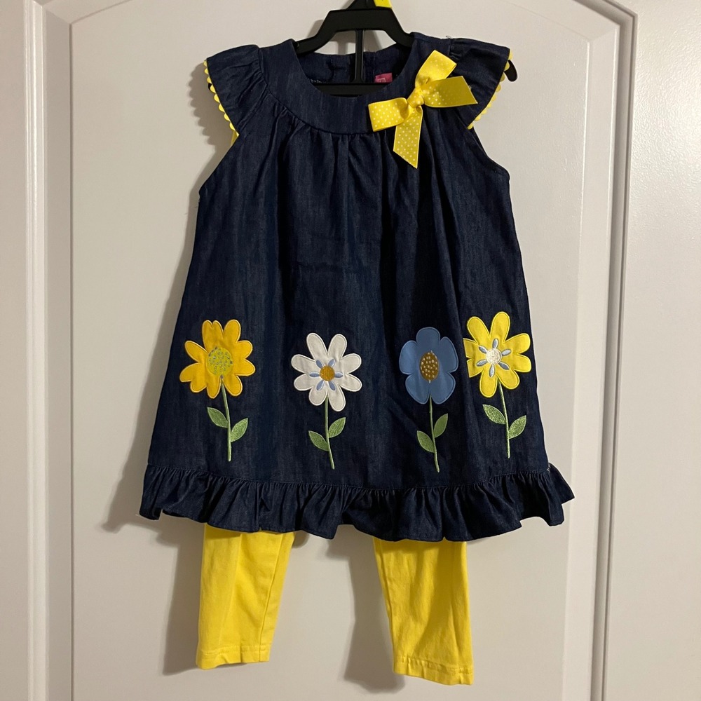 Good Lad Toddler Girls 4T Chambray Flower Applique Tunic and Leggings Set Yellow